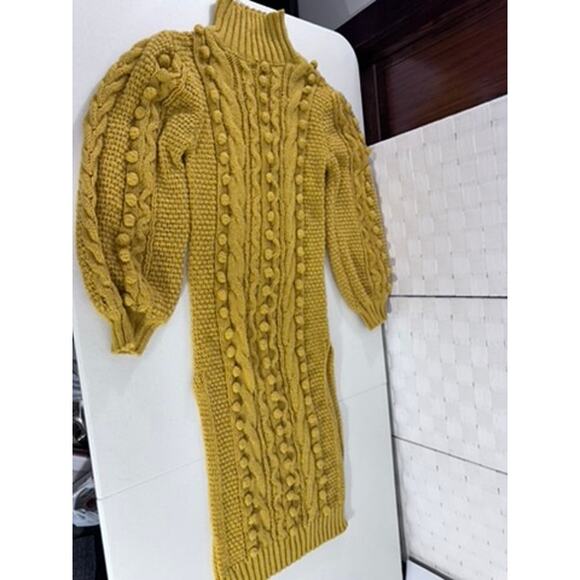 "LORAGAL" Knit Turtleneck Sweater Mustard Sz S Side Slits Bell Sleeve Millennial - Picture 6 of 12